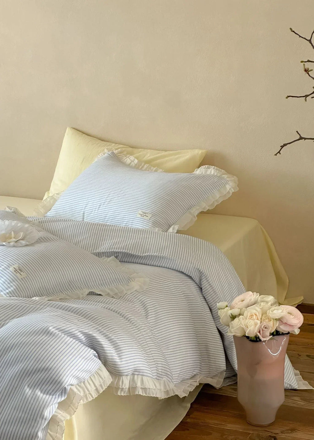 Mabel Lace Double Gauze Striped Bedding Set / Pink Ever Lasting