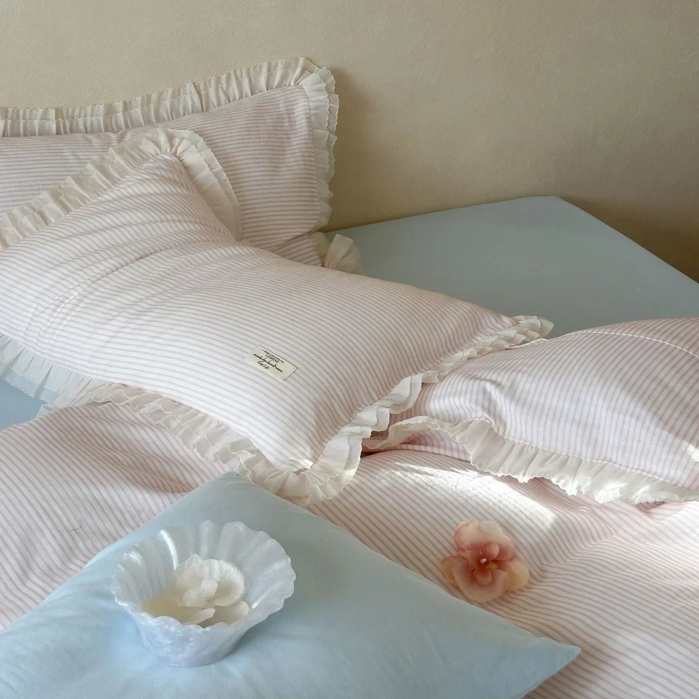 Mabel Lace Double Gauze Striped Bedding Set / Pink Ever Lasting