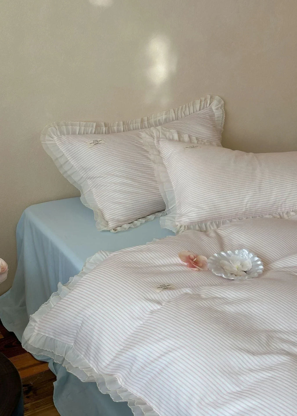 Mabel Lace Double Gauze Striped Bedding Set / Pink Ever Lasting