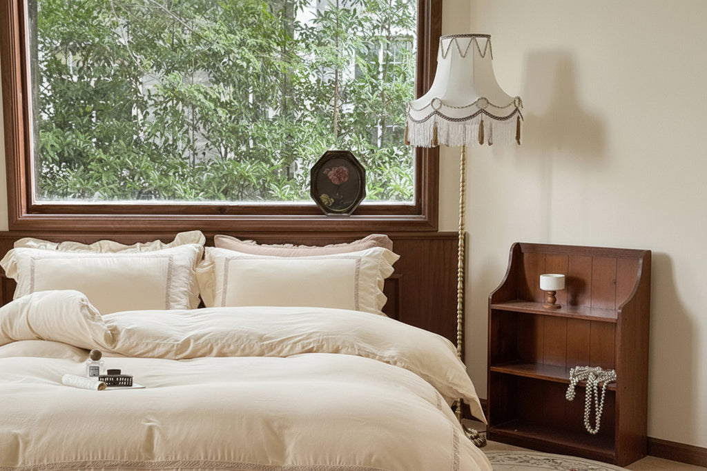Madeleine Lace Double Gauze Ruffle Bedding Set / Brown Ever Lasting