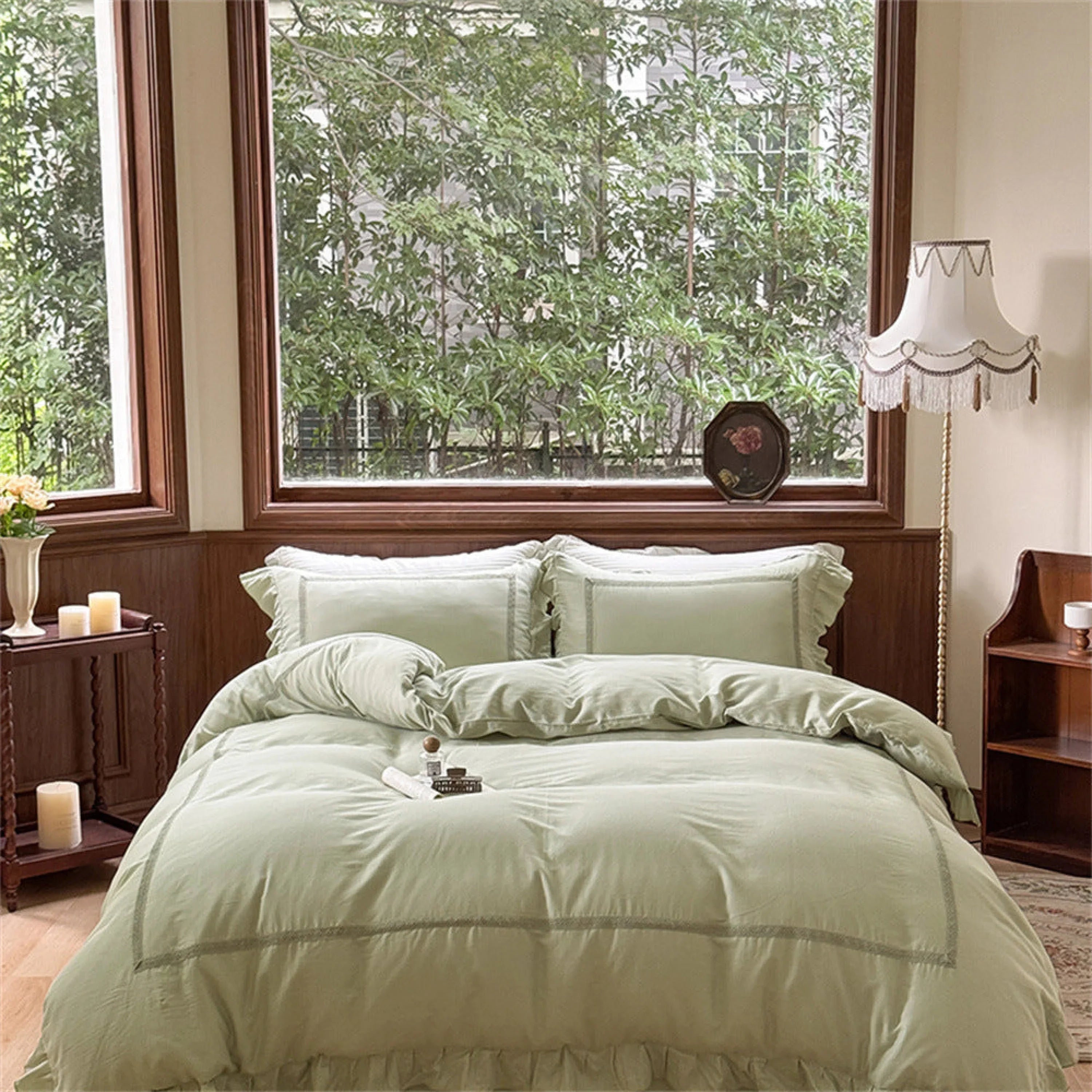 Madeleine Lace Double Gauze Ruffle Bedding Set / Brown Ever Lasting