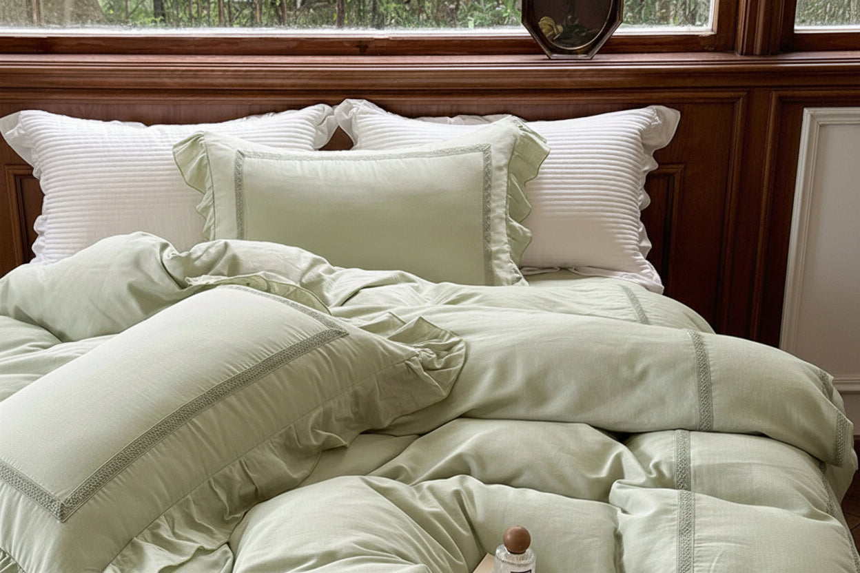 Madeleine Lace Double Gauze Ruffle Bedding Set / Brown Ever Lasting