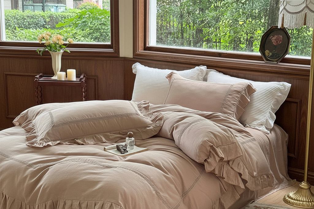 Madeleine Lace Double Gauze Ruffle Bedding Set / Brown Ever Lasting