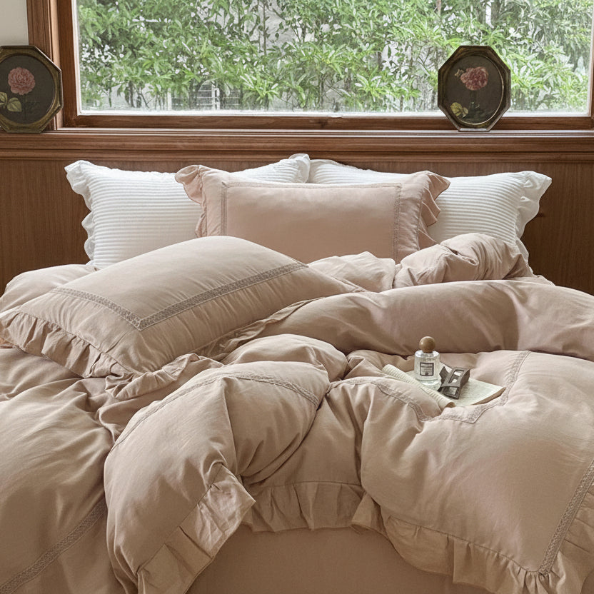 Madeleine Lace Double Gauze Ruffle Bedding Set / Brown Ever Lasting