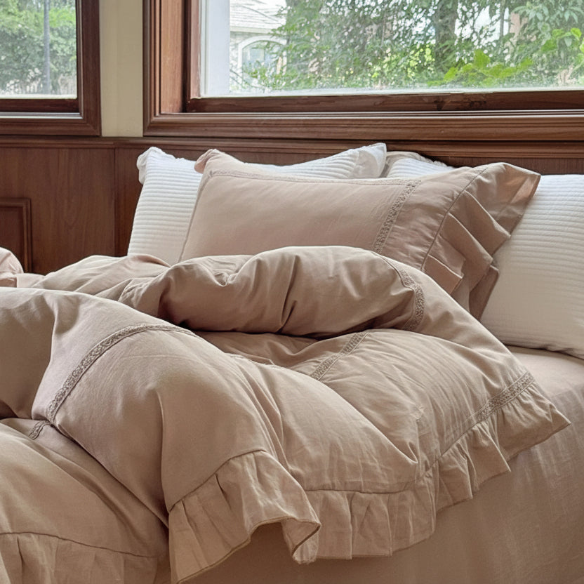 Madeleine Lace Double Gauze Ruffle Bedding Set / Brown Ever Lasting