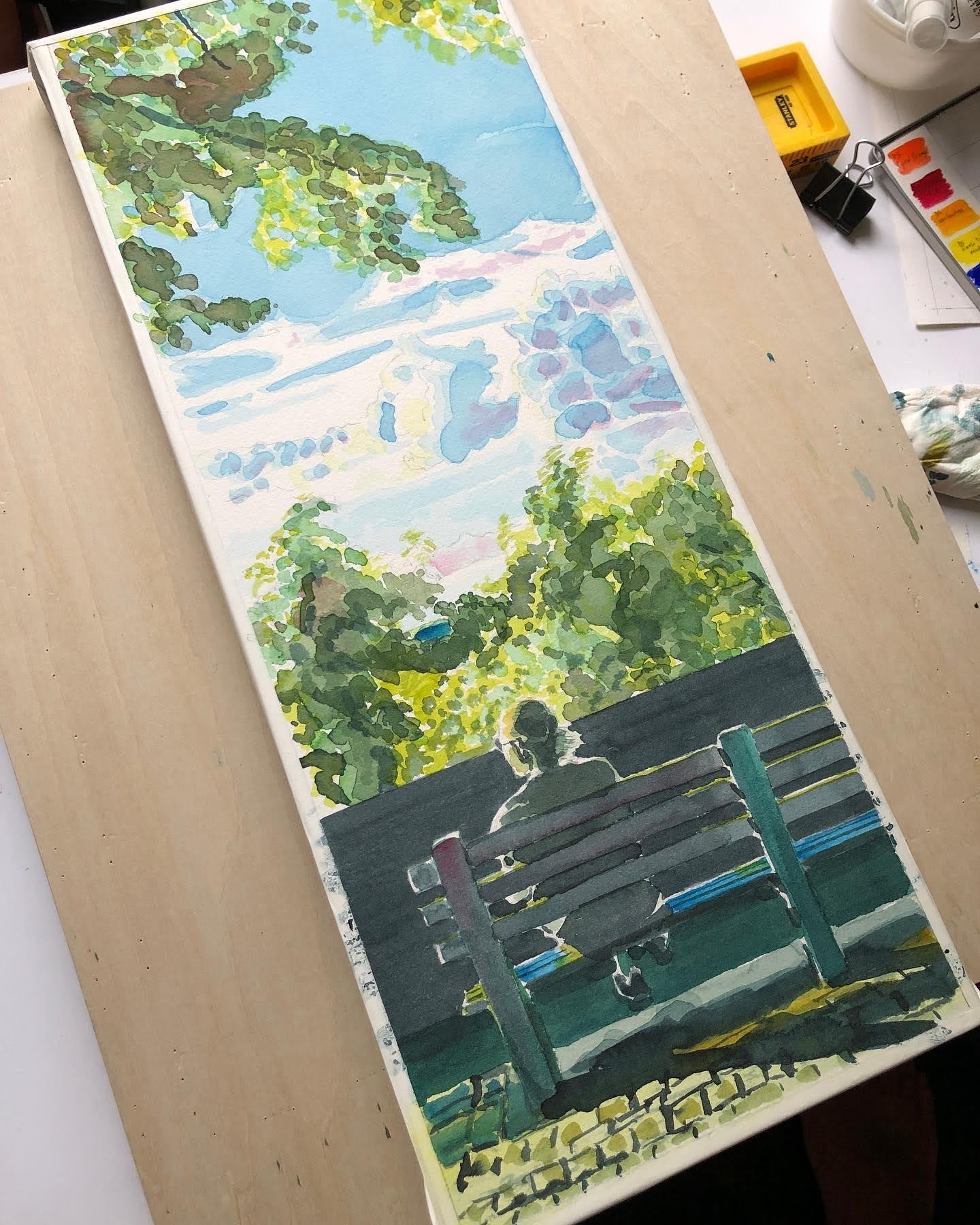 Man on Bench Watching Sunset, Linden Terrace, Fort Tryon, Watercolor, Hudson River, back view - House Of Avana