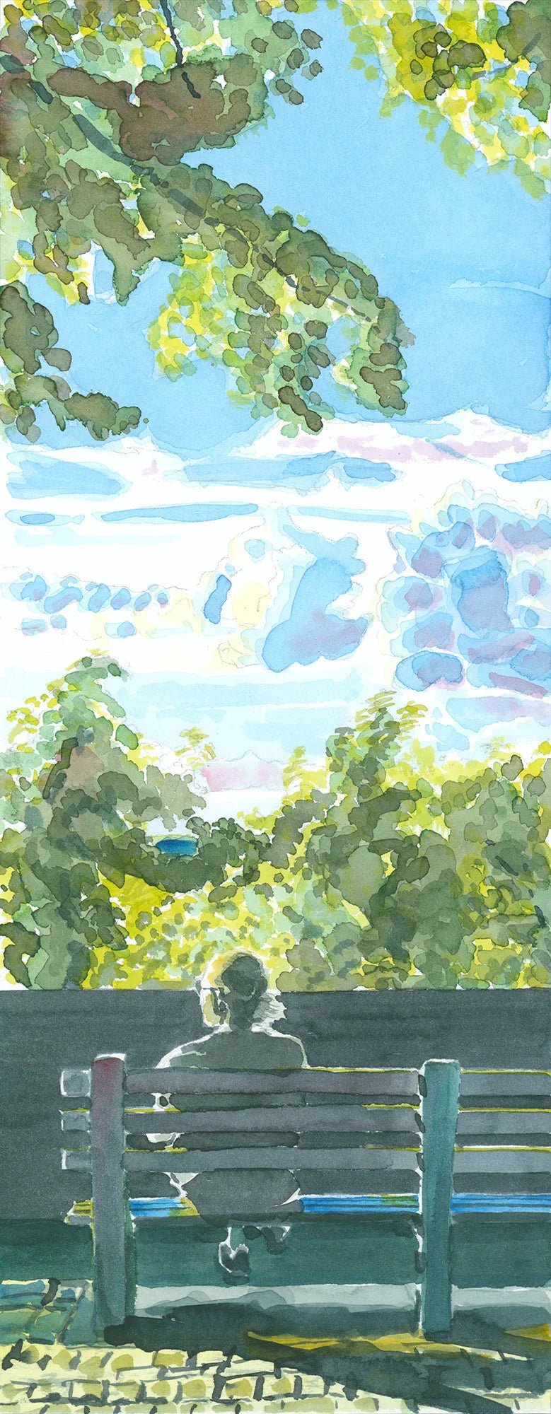 Man on Bench Watching Sunset, Linden Terrace, Fort Tryon, Watercolor, Hudson River, front view - House Of Avana