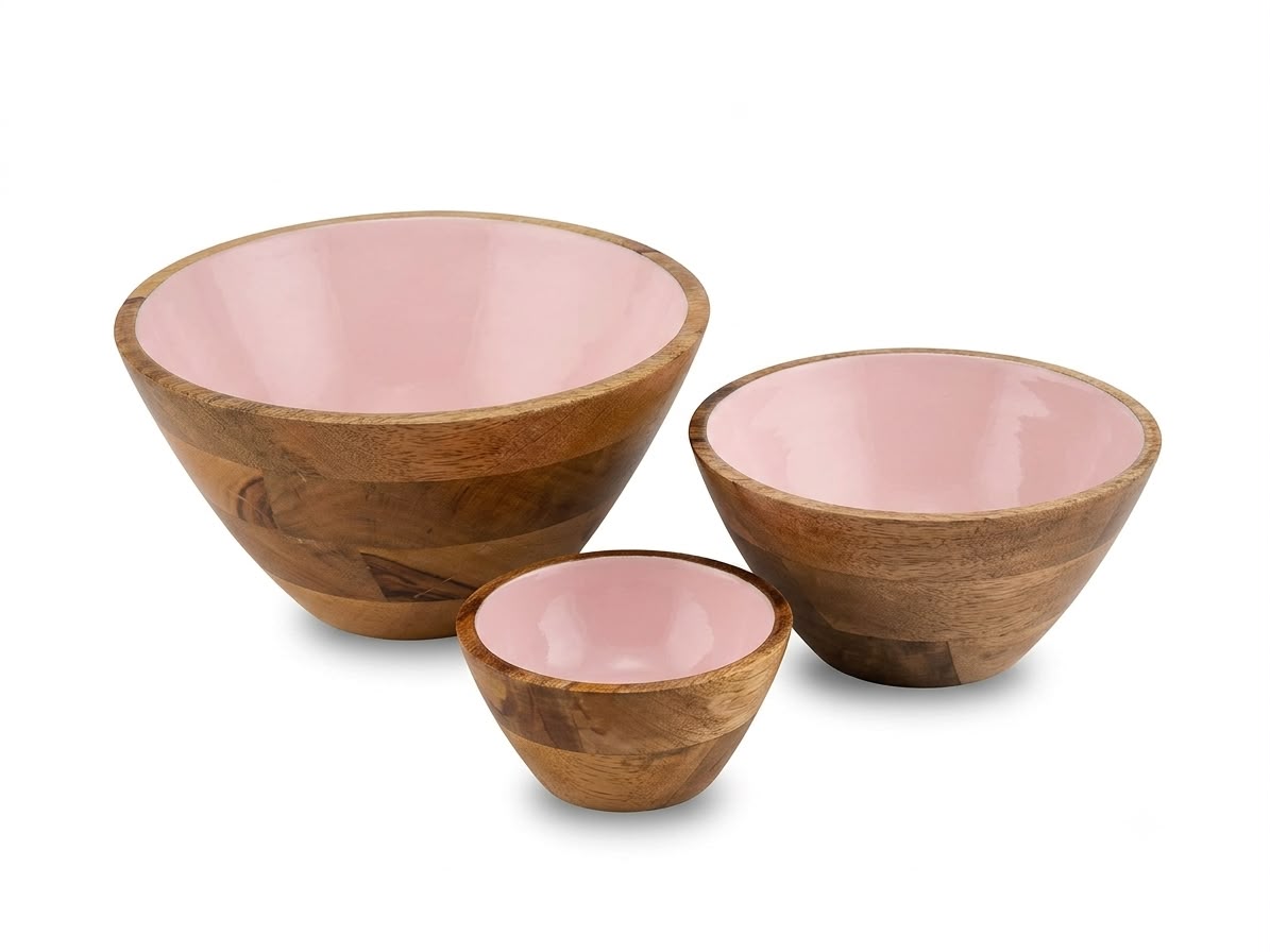 Mango Wood Bowl Set of 3 in Blush Pink, handcrafted in Moradabad, India