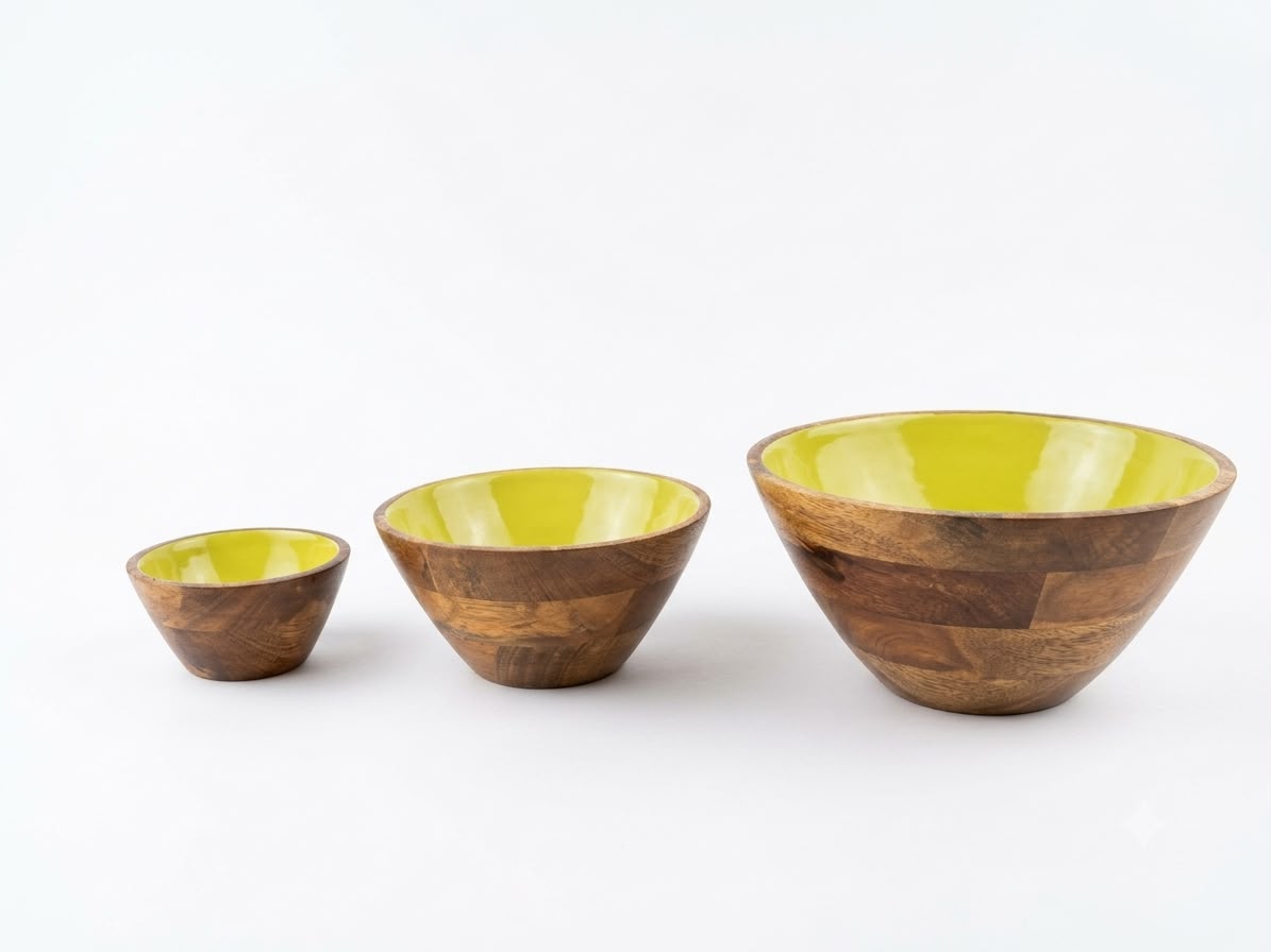 Mango Wood Bowl Set of 3 in Lime Green, handcrafted in Moradabad, India
