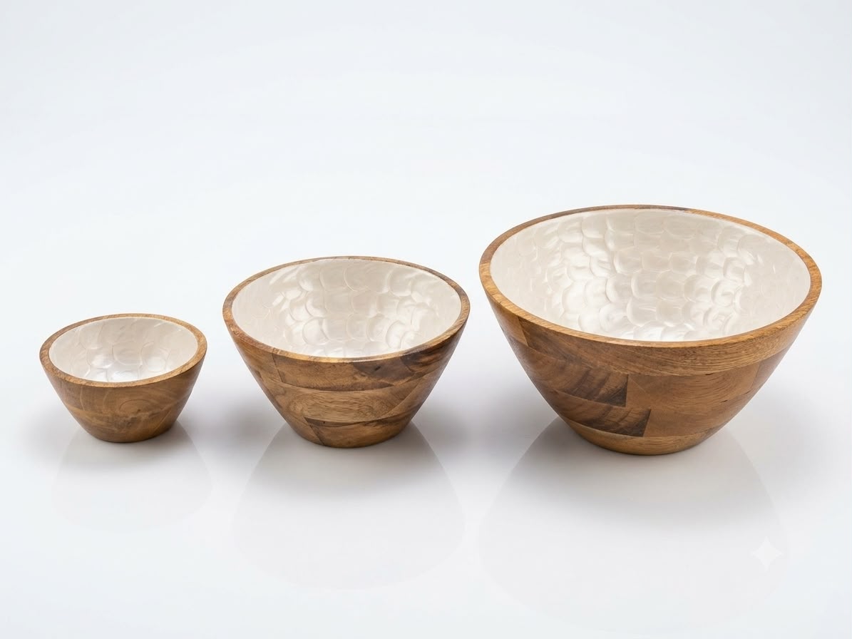 Mango Wood Bowl Set of 3 in Pearl White Scallop, handcrafted in Moradabad, India
