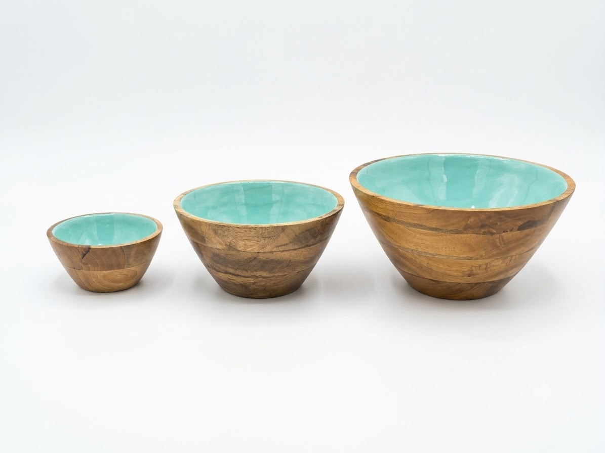 Mango Wood Bowl Set of 3 in Turquoise, handcrafted in Moradabad, India