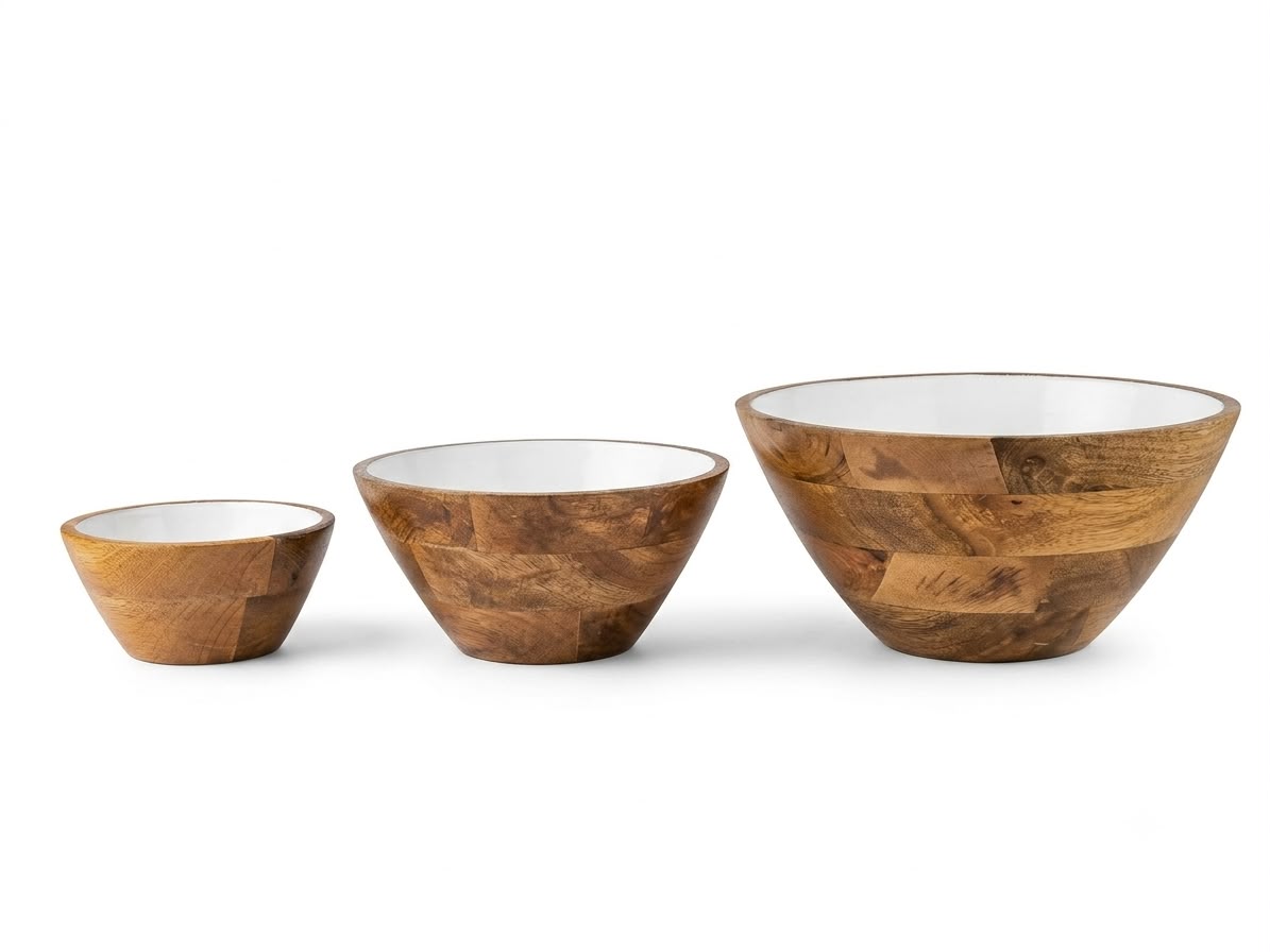 Mango Wood Bowl Set of 3 in White, handcrafted in Moradabad, India