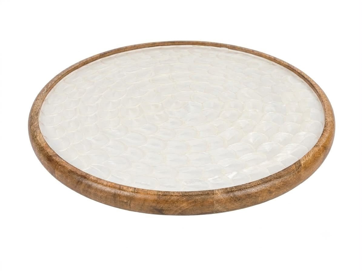 Mango Wood Lazy Susan Turntable in Pearl White Scallop, handcrafted in Moradabad, India