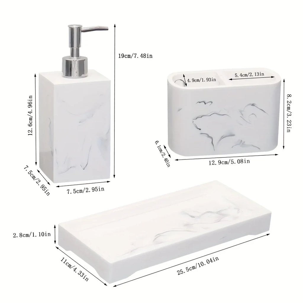 Marble Look Bathroom Accessory Set, 3pcs Includes Soap Dispenser, Toothbrush Holder, and Tray for Home, Restroom, Apartment Decor - Other Material House Of Avana