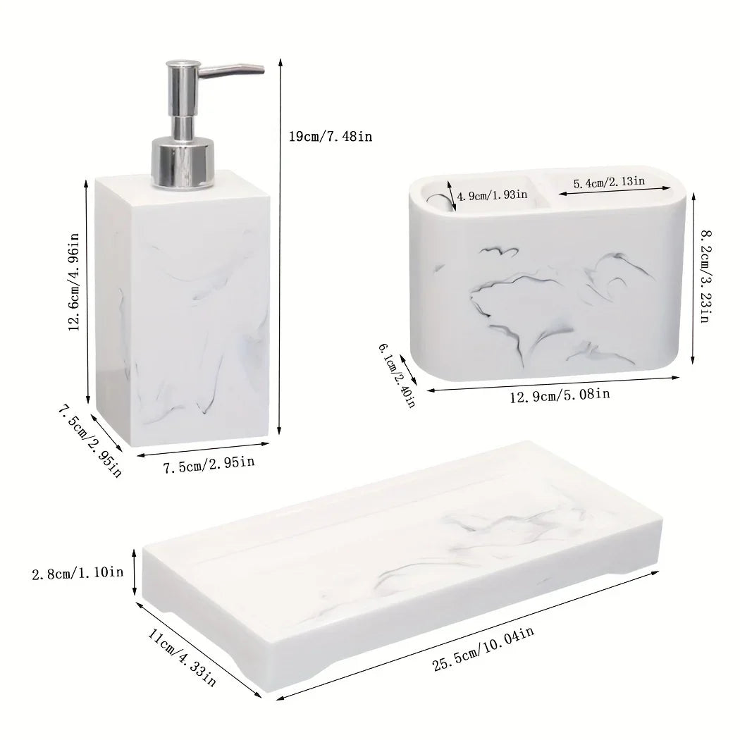 Marble Look Bathroom Accessory Set, 3pcs Includes Soap Dispenser, Toothbrush Holder, and Tray for Home, Restroom, Apartment Decor - Other Material House Of Avana