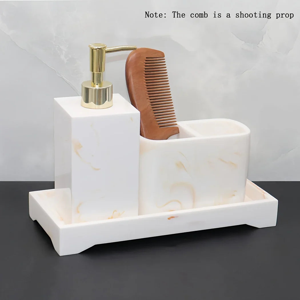 Marble Look Bathroom Accessory Set, 3pcs Includes Soap Dispenser, Toothbrush Holder, and Tray for Home, Restroom, Apartment Decor - Other Material House Of Avana