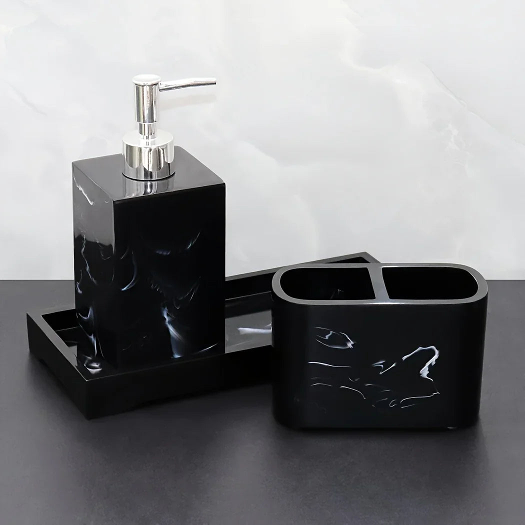 Marble Look Bathroom Accessory Set, 3pcs Includes Soap Dispenser, Toothbrush Holder, and Tray for Home, Restroom, Apartment Decor - Other Material House Of Avana