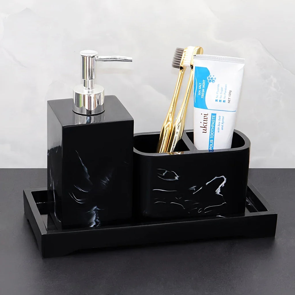 Marble Look Bathroom Accessory Set, 3pcs Includes Soap Dispenser, Toothbrush Holder, and Tray for Home, Restroom, Apartment Decor - Other Material House Of Avana