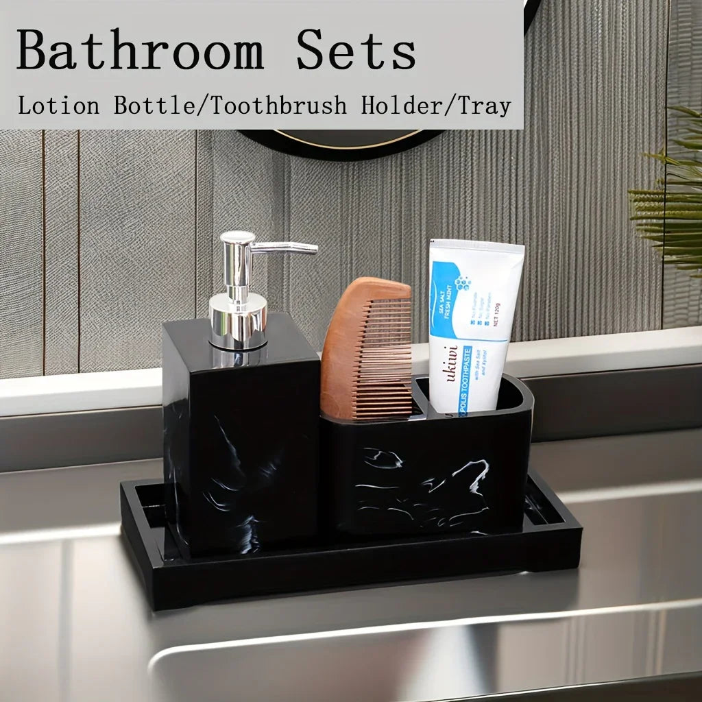 Marble Look Bathroom Accessory Set, 3pcs Includes Soap Dispenser, Toothbrush Holder, and Tray for Home, Restroom, Apartment Decor - Other Material House Of Avana