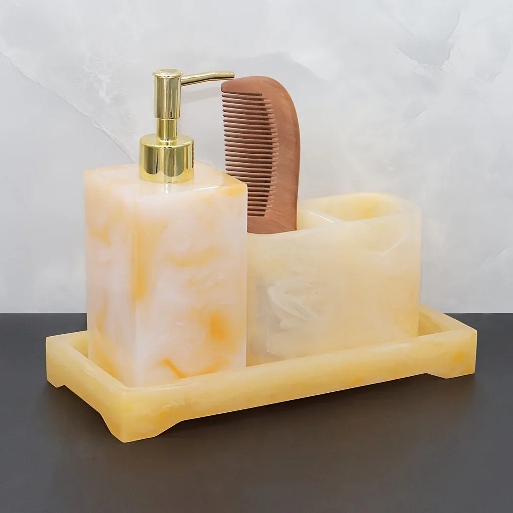 Marble Look Bathroom Accessory Set, 3pcs Includes Soap Dispenser, Toothbrush Holder, and Tray for Home, Restroom, Apartment Decor - Other Material House Of Avana