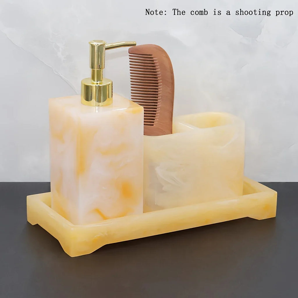 Marble Look Bathroom Accessory Set, 3pcs Includes Soap Dispenser, Toothbrush Holder, and Tray for Home, Restroom, Apartment Decor - Other Material House Of Avana