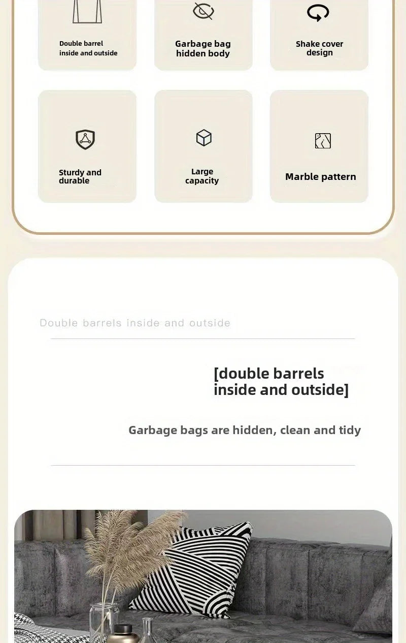 15l/3.96gal Marble Stylish Nordic Trash Can - Large Capacity Square Wastebasket for Living Room,... - House Of Avana