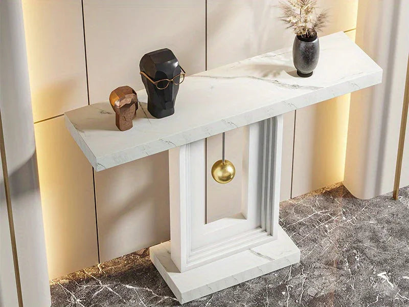 40" Modern Console Table with Geometric Base & Faux Marble Top, Narrow Sofa Entryway Table for Living Room, Hallway, or Entrance, Durable MDF Board Construction, Minimalist Design, White Gloss Finish, Living Room Table House Of Avana