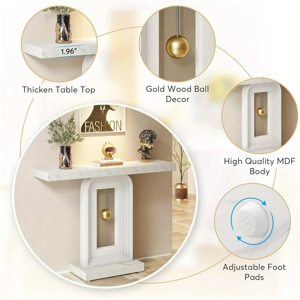 40" Modern Console Table with Geometric Base & Faux Marble Top, Narrow Sofa Entryway Table for Living Room, Hallway, or Entrance, Durable MDF Board Construction, Minimalist Design, White Gloss Finish, Living Room Table House Of Avana