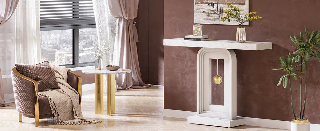 40" Modern Console Table with Geometric Base & Faux Marble Top, Narrow Sofa Entryway Table for Living Room, Hallway, or Entrance, Durable MDF Board Construction, Minimalist Design, White Gloss Finish, Living Room Table House Of Avana