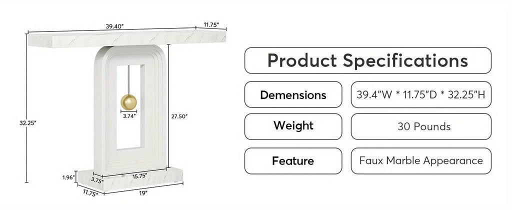 40" Modern Console Table with Geometric Base & Faux Marble Top, Narrow Sofa Entryway Table for Living Room, Hallway, or Entrance, Durable MDF Board Construction, Minimalist Design, White Gloss Finish, Living Room Table House Of Avana