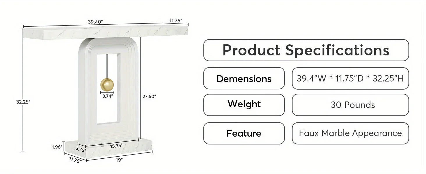 40" Modern Console Table with Geometric Base & Faux Marble Top, Narrow Sofa Entryway Table for Living Room, Hallway, or Entrance, Durable MDF Board Construction, Minimalist Design, White Gloss Finish, Living Room Table House Of Avana
