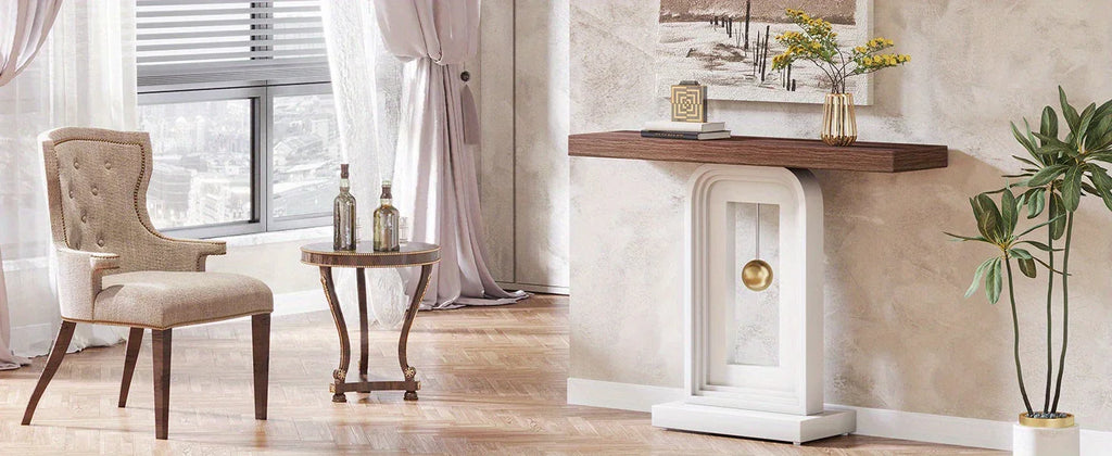 40" Modern Console Table with Geometric Base & Faux Marble Top, Narrow Sofa Entryway Table for Living Room, Hallway, or Entrance, Durable MDF Board Construction, Minimalist Design, White Gloss Finish, Living Room Table House Of Avana