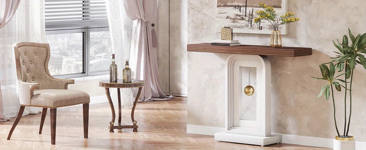 40" Modern Console Table with Geometric Base & Faux Marble Top, Narrow Sofa Entryway Table for Living Room, Hallway, or Entrance, Durable MDF Board Construction, Minimalist Design, White Gloss Finish, Living Room Table House Of Avana