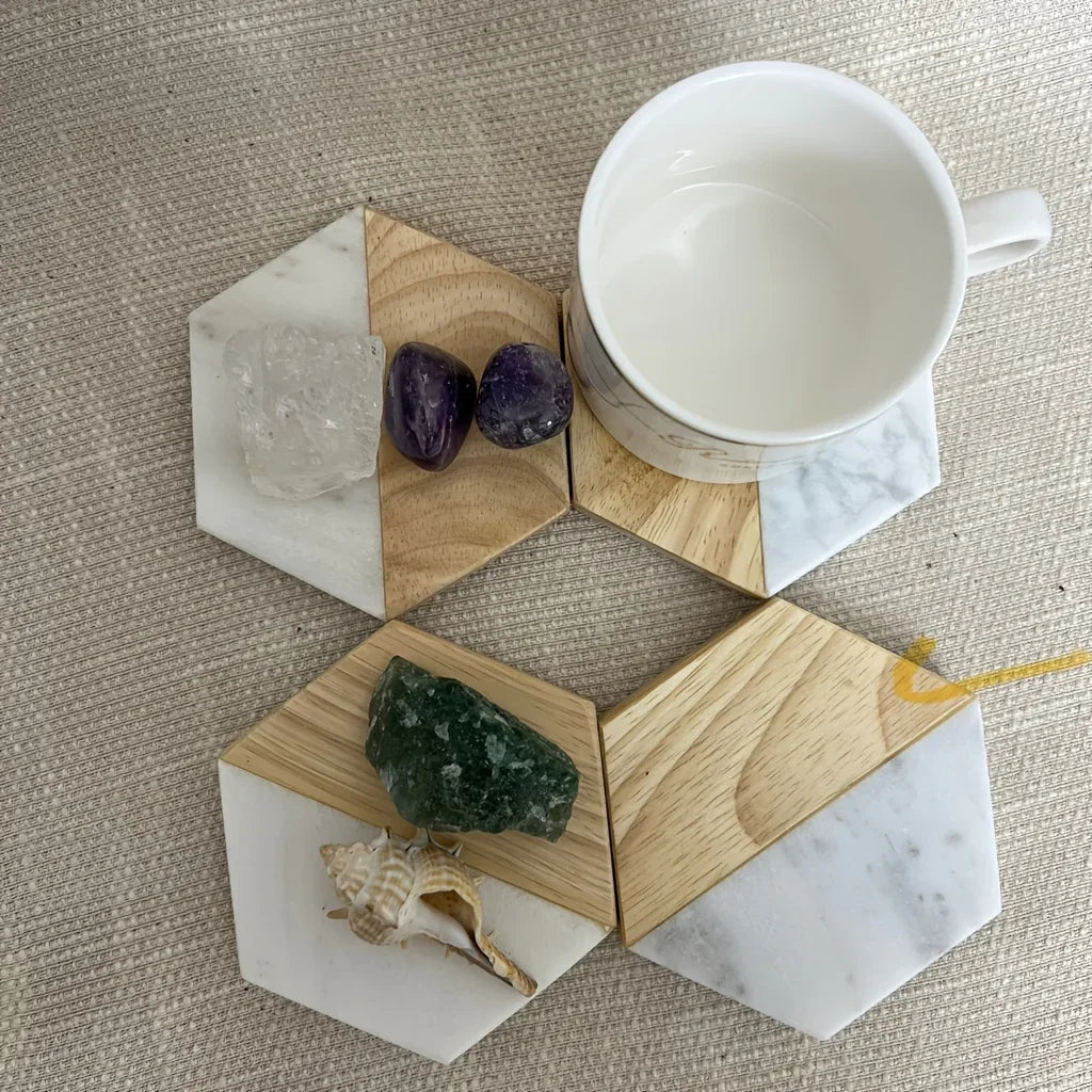 S Hexagon Coasters for Drinks,marble-wood Spliced Coaster for Tabletop Protection,cup Holder Coasters... - House Of Avana [[SKU:HOA-TBL-008]]
