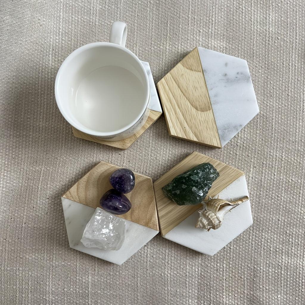 S Hexagon Coasters for Drinks,marble-wood Spliced Coaster for Tabletop Protection,cup Holder Coasters... - House Of Avana [[SKU:HOA-TBL-008]]