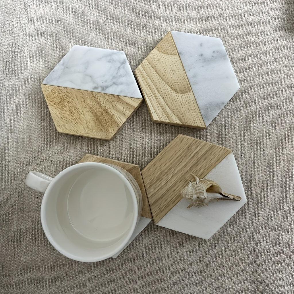 S Hexagon Coasters for Drinks,marble-wood Spliced Coaster for Tabletop Protection,cup Holder Coasters... - House Of Avana [[SKU:HOA-TBL-008]]