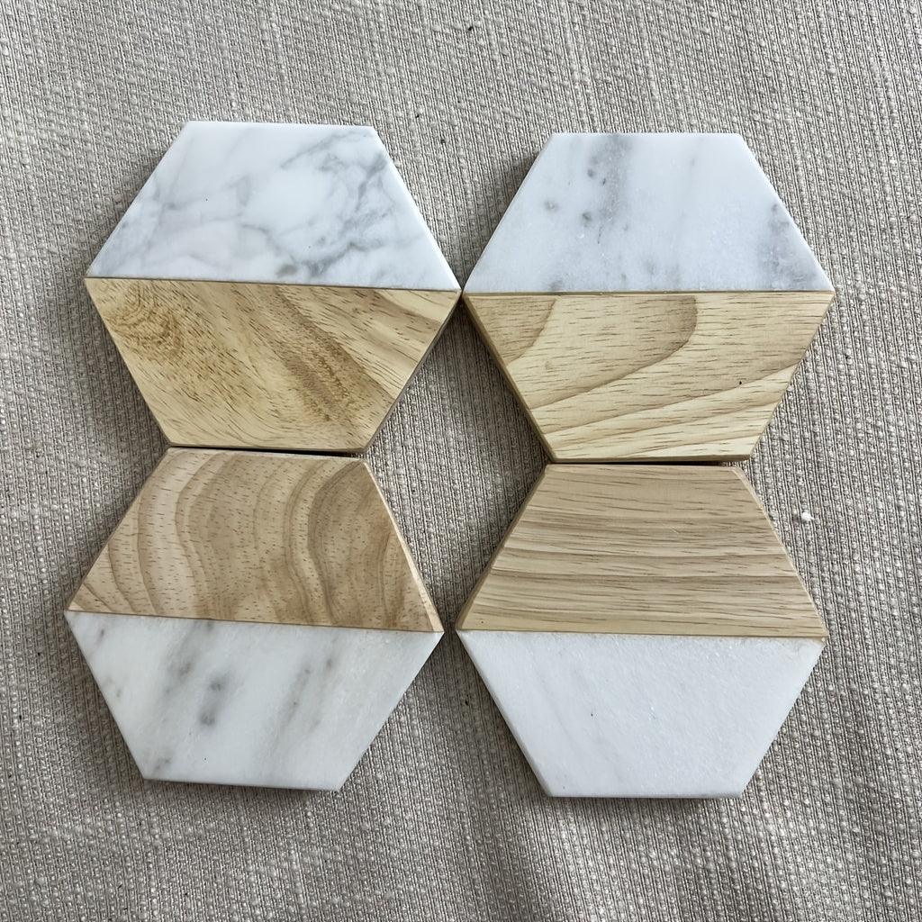 S Hexagon Coasters for Drinks,marble-wood Spliced Coaster for Tabletop Protection,cup Holder Coasters... - House Of Avana [[SKU:HOA-TBL-008]]