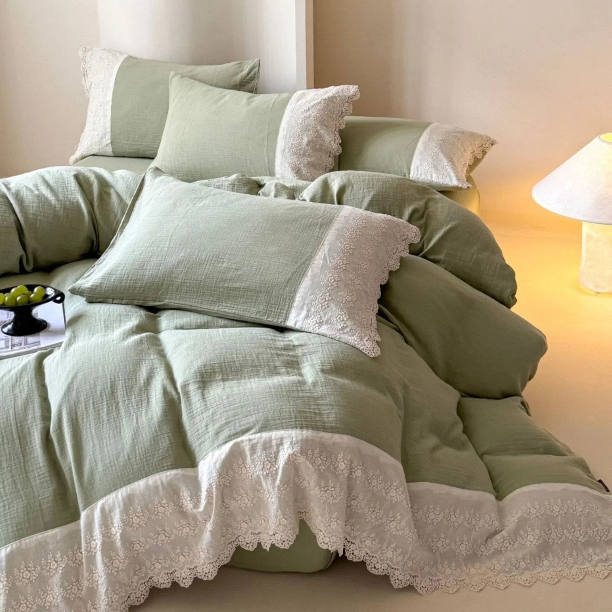 Margaux Lace Double Gauze Bedding Set / Sage Green Ever Lasting