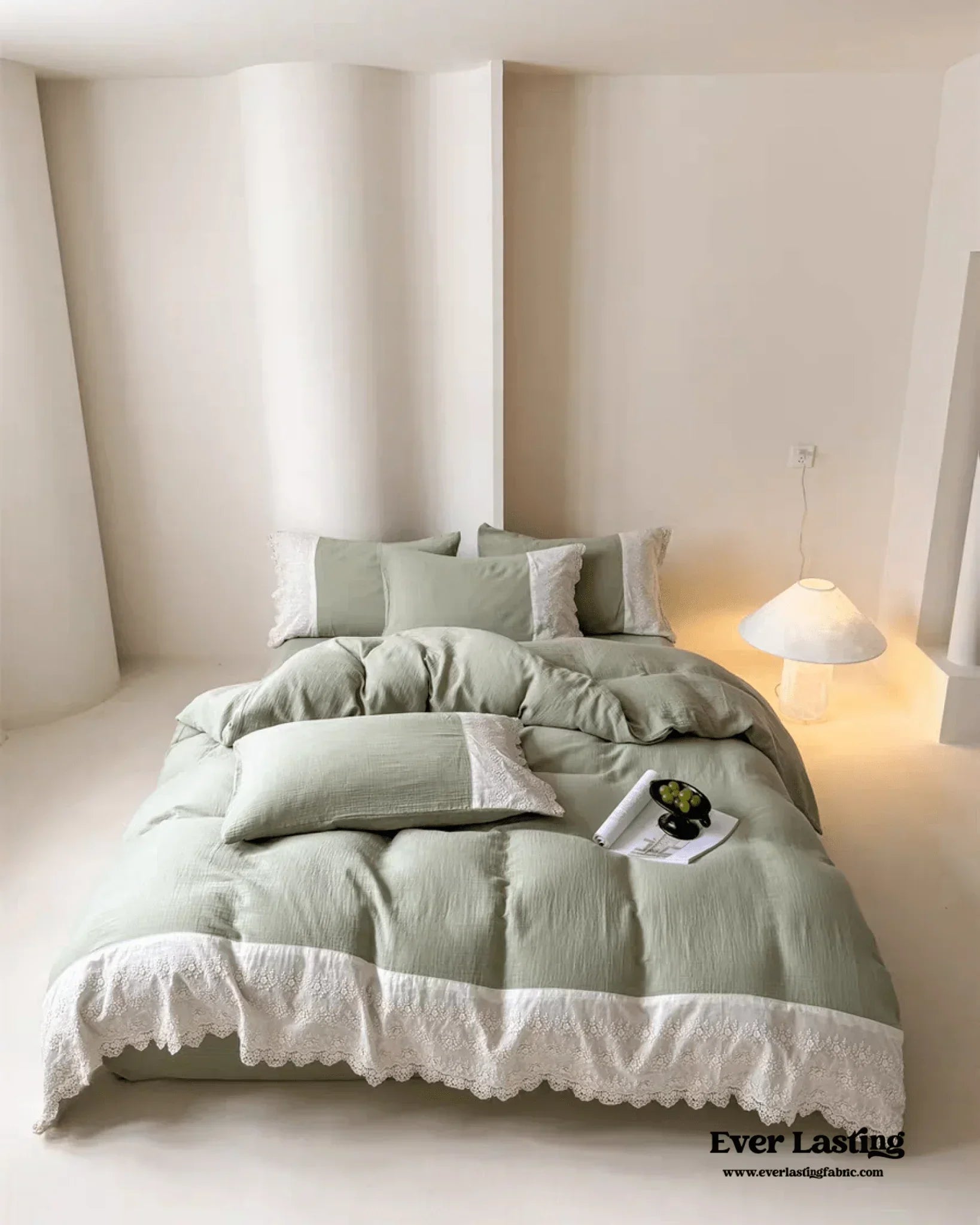 Margaux Lace Double Gauze Bedding Set / Sage Green Ever Lasting