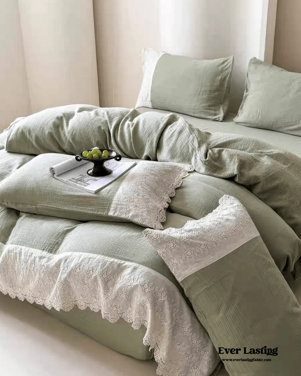 Margaux Lace Double Gauze Bedding Set / Sage Green Ever Lasting