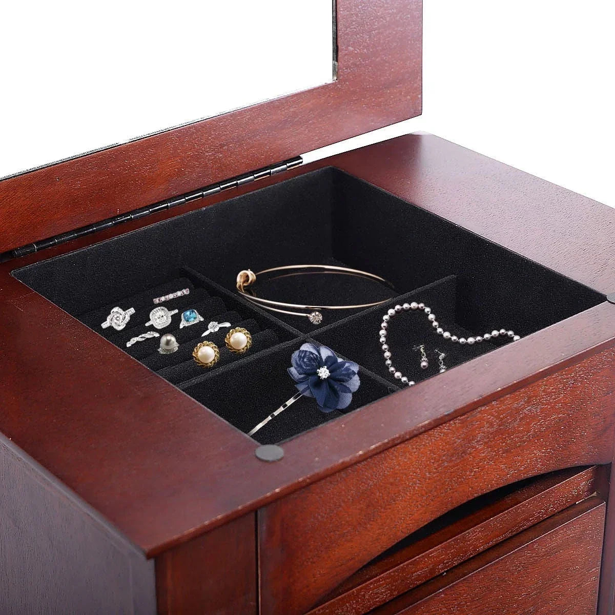 Medium Brown Wood Jewlery Armoire Storage Chest Cabinet with Mirror