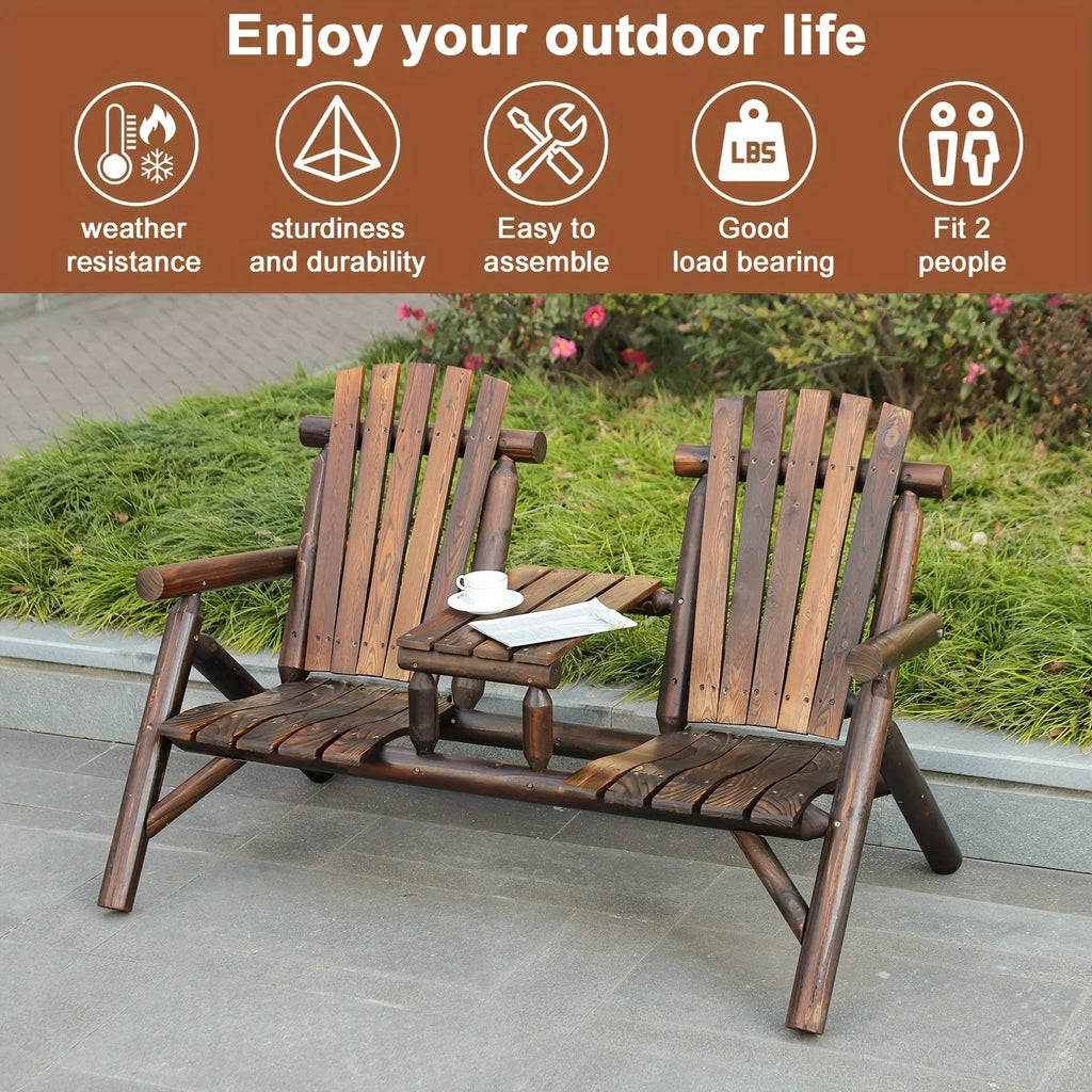 MEETWARM 2-Seat Wooden Adirondack Chair, Outdoor Log Patio Loveseat With Built-in Table, Patio Bench Fire Pit Chair Porch Furniture Conversation Set For Deck Lawn Pool Backyard, Carbonized House Of Avana