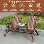 MEETWARM 2-Seat Wooden Adirondack Chair, Outdoor Log Patio Loveseat With Built-in Table, Patio Bench Fire Pit Chair Porch Furniture Conversation Set For Deck Lawn Pool Backyard, Carbonized House Of Avana