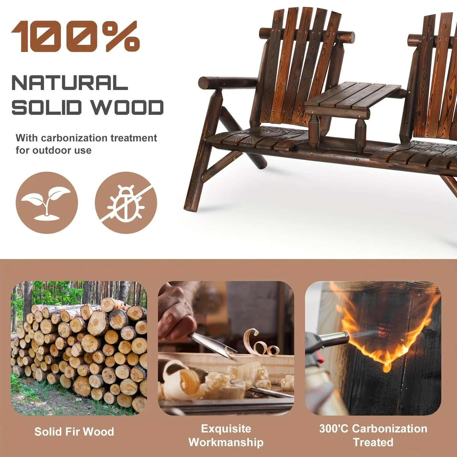 MEETWARM 2-Seat Wooden Adirondack Chair, Outdoor Log Patio Loveseat With Built-in Table, Patio Bench Fire Pit Chair Porch Furniture Conversation Set For Deck Lawn Pool Backyard, Carbonized House Of Avana