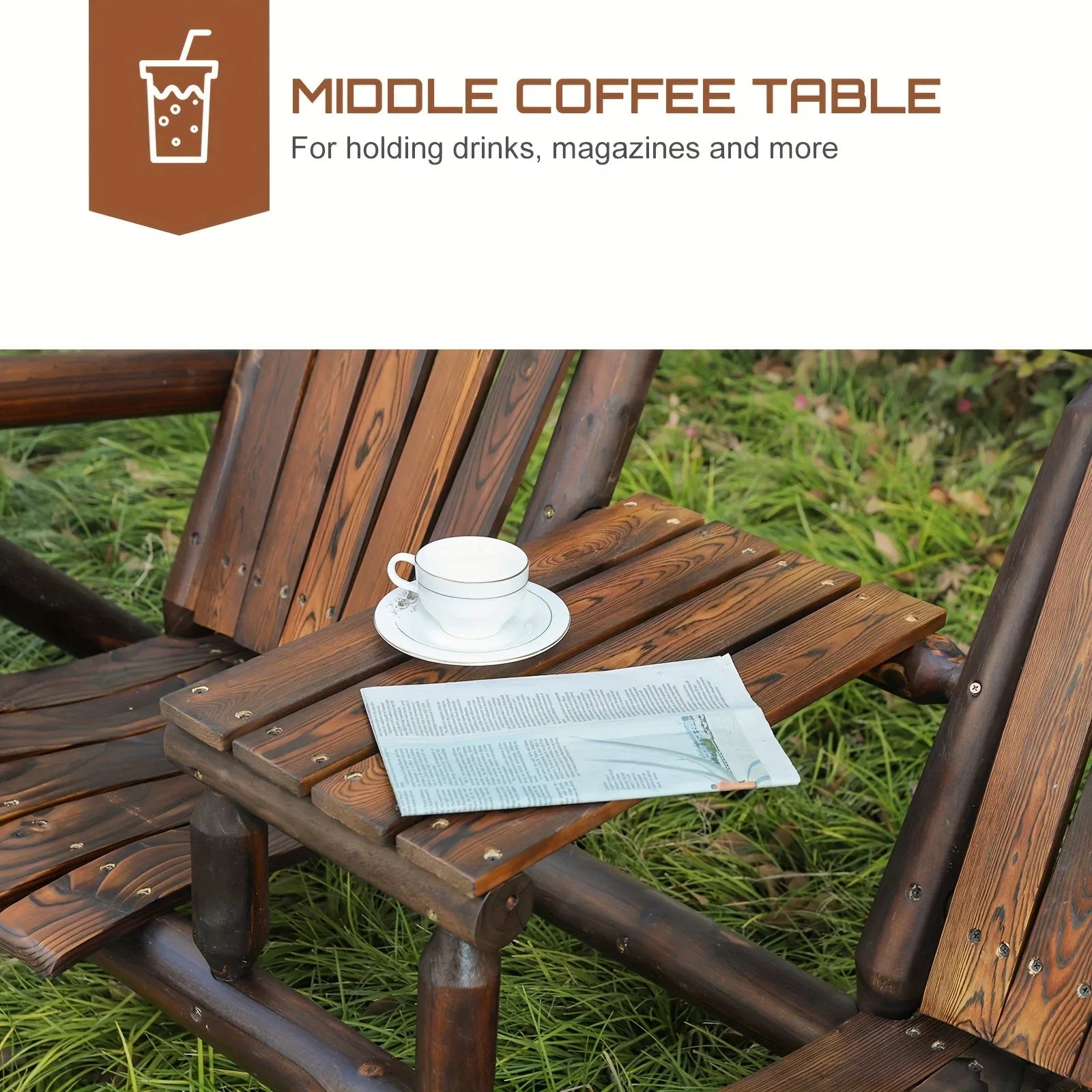 MEETWARM 2-Seat Wooden Adirondack Chair, Outdoor Log Patio Loveseat With Built-in Table, Patio Bench Fire Pit Chair Porch Furniture Conversation Set For Deck Lawn Pool Backyard, Carbonized House Of Avana