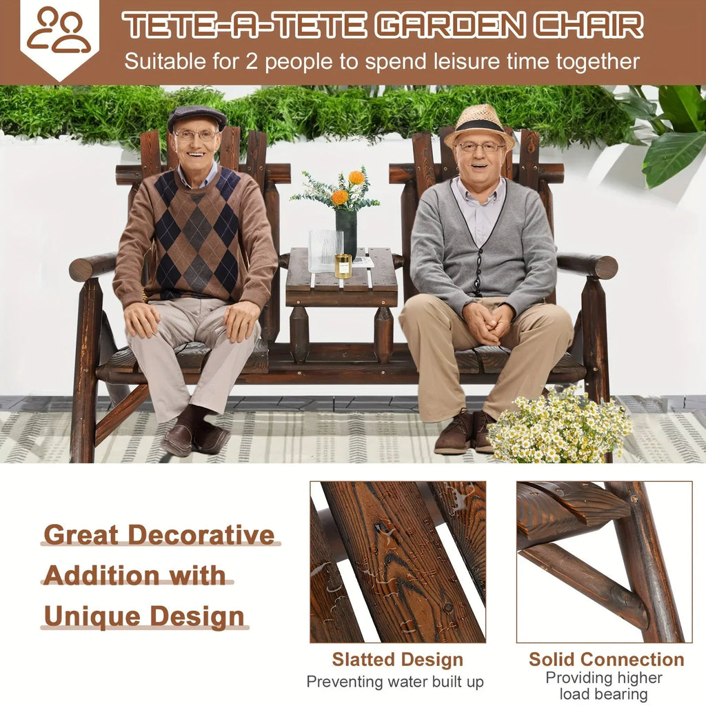 MEETWARM 2-Seat Wooden Adirondack Chair, Outdoor Log Patio Loveseat With Built-in Table, Patio Bench Fire Pit Chair Porch Furniture Conversation Set For Deck Lawn Pool Backyard, Carbonized House Of Avana