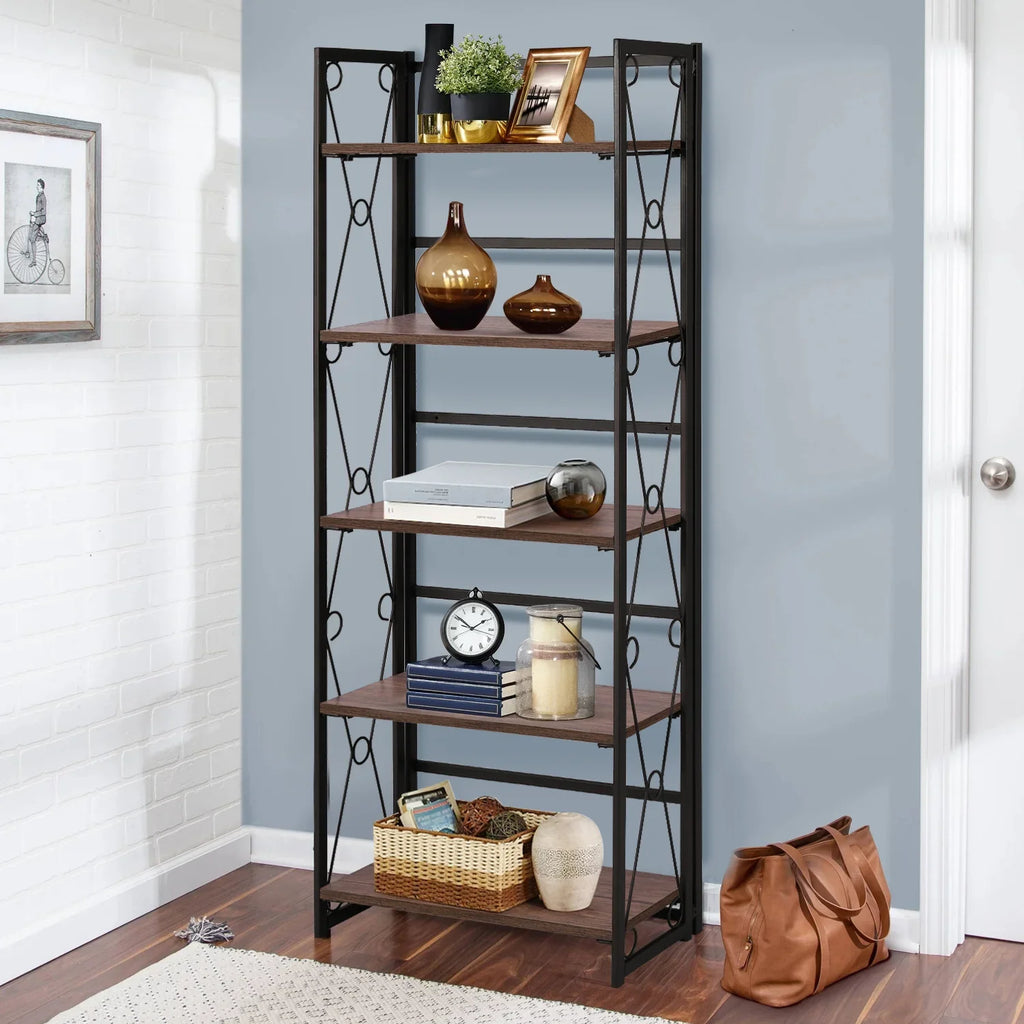 VECELO 5 Shelf Folding Bookshelf Industrial Metal Frame Display Shelf for Living Room, Bedroom, Kitchen, Office House Of Avana