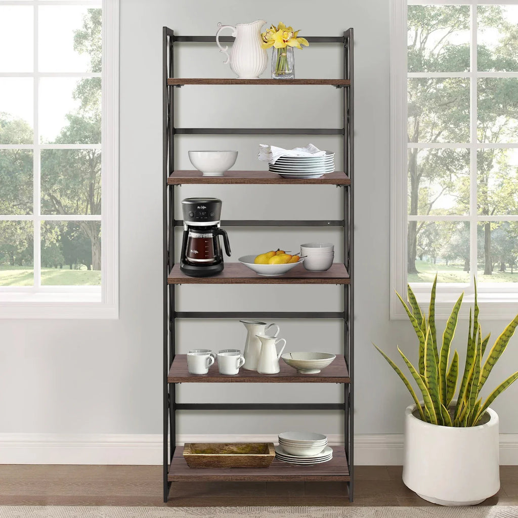 VECELO 5 Shelf Folding Bookshelf Industrial Metal Frame Display Shelf for Living Room, Bedroom, Kitchen, Office House Of Avana