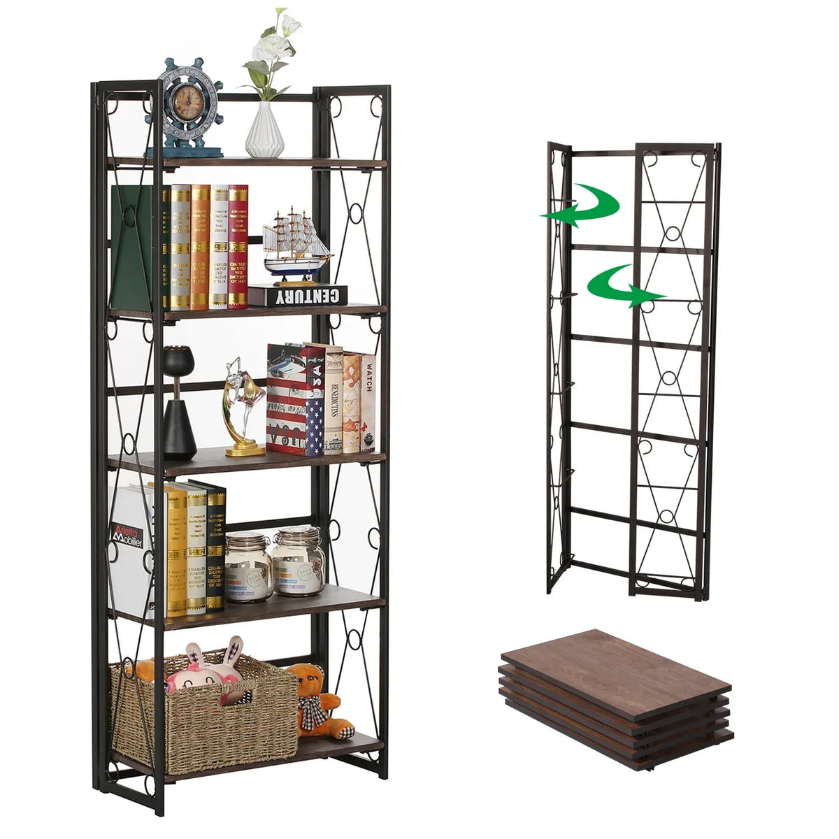 VECELO 5 Shelf Folding Bookshelf Industrial Metal Frame Display Shelf for Living Room, Bedroom, Kitchen, Office House Of Avana [[SKU:HOA-BOK-007]]