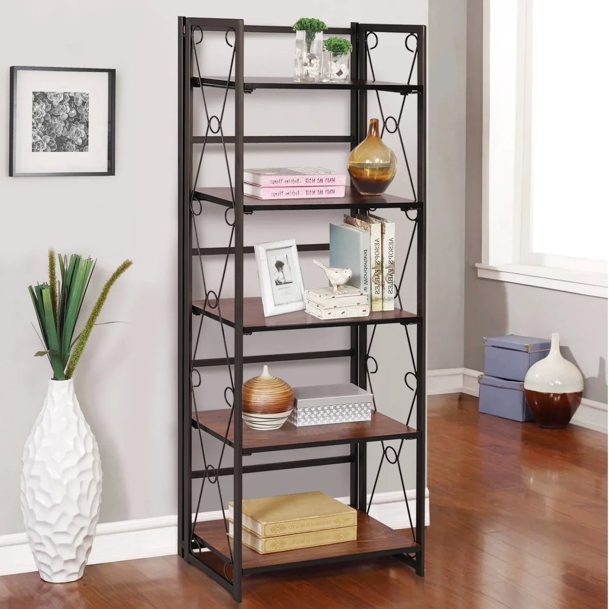 VECELO 5 Shelf Folding Bookshelf Industrial Metal Frame Display Shelf for Living Room, Bedroom, Kitchen, Office House Of Avana [[SKU:HOA-BOK-007]]